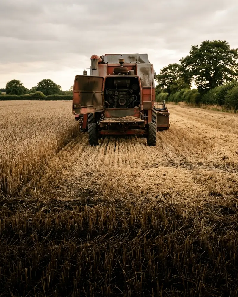 Combine harvester stopped in a part-cut wheat field with the rear engine hatch open