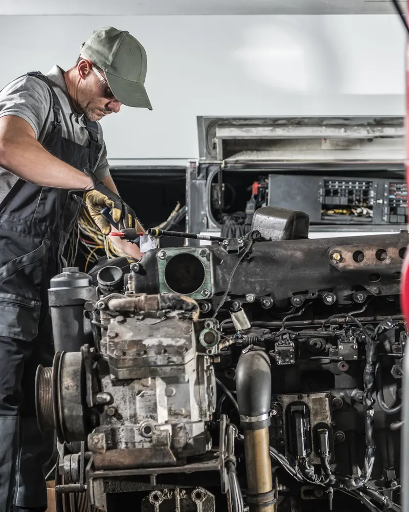 Engineer stripping down a commercial diesel engine for a rebuild