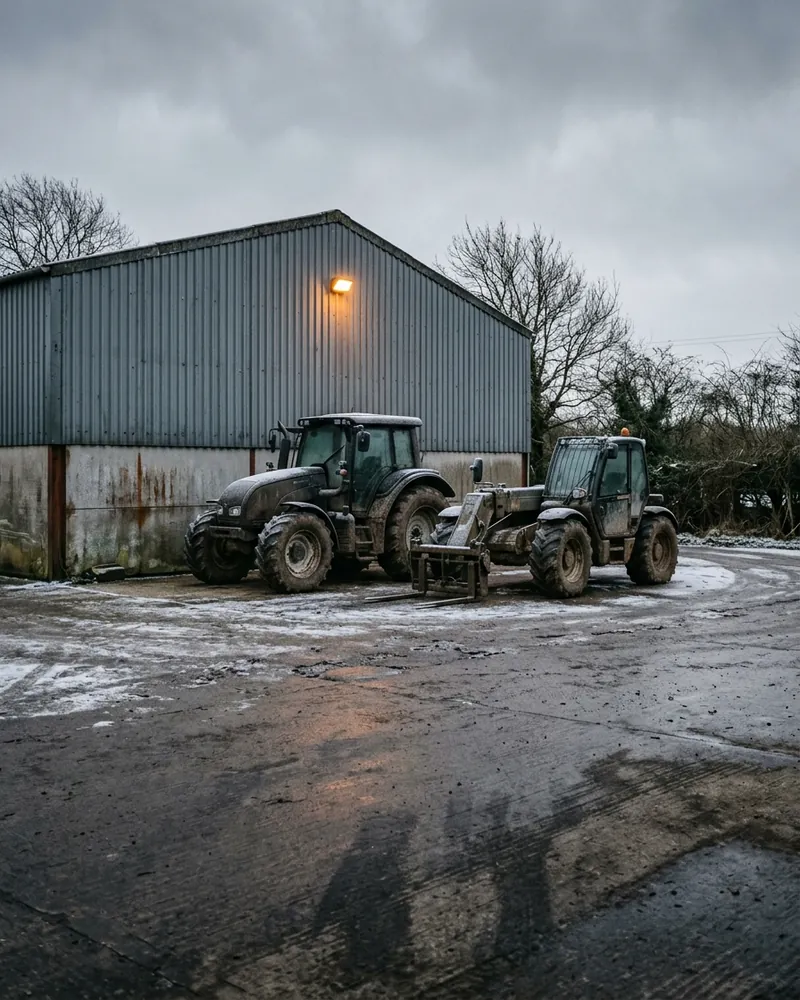 Tractor and telehandler parked outside a steel barn on a frosty farm yard
