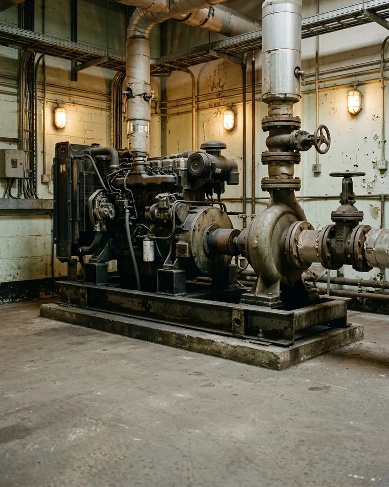 Stationary industrial diesel engine driving a pump in a plant room