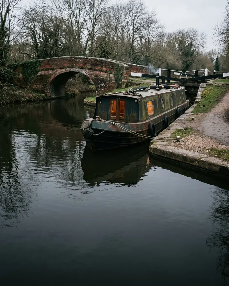 Narrowboat moored on a canal towpath beside a lock and red-brick bridge