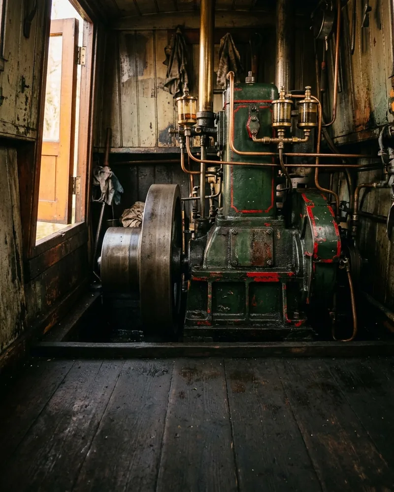 Vintage slow-revving narrowboat diesel engine with flywheel and brass oilers