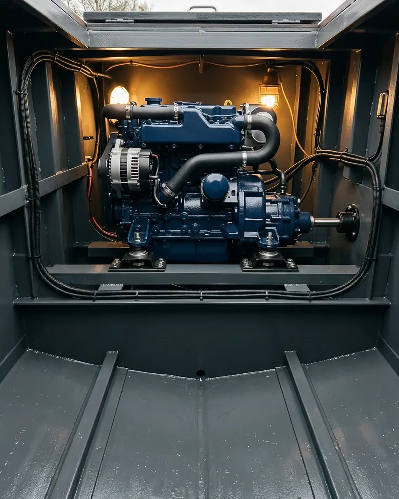 Newly installed keel-cooled marine diesel in a freshly painted narrowboat engine bay